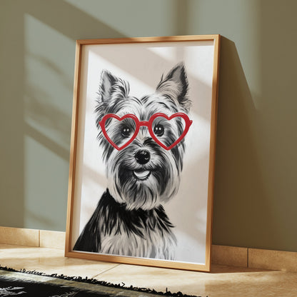 Premium Poster of Lovely Dog Wearing Red Heart Glasses Posters