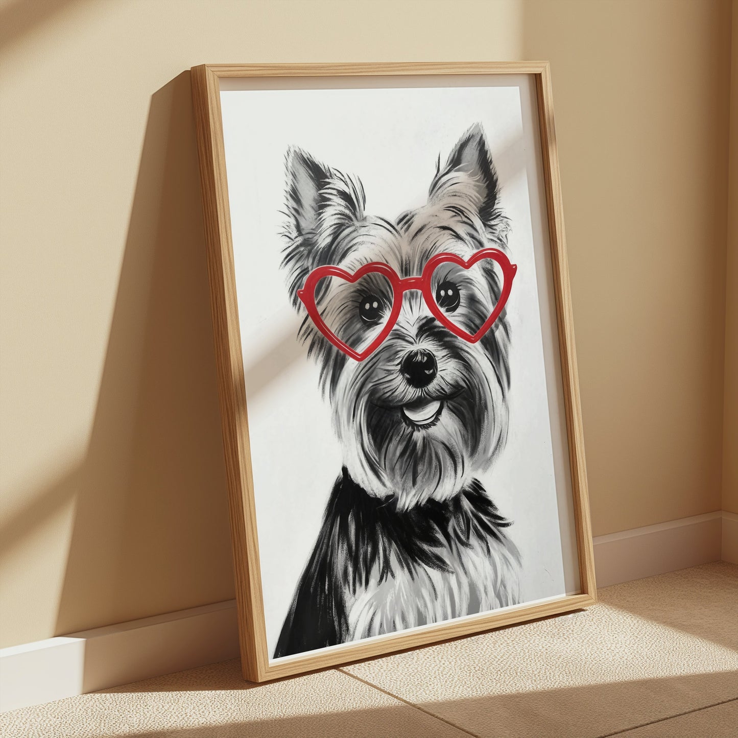 Premium Poster of Lovely Dog Wearing Red Heart Glasses Posters