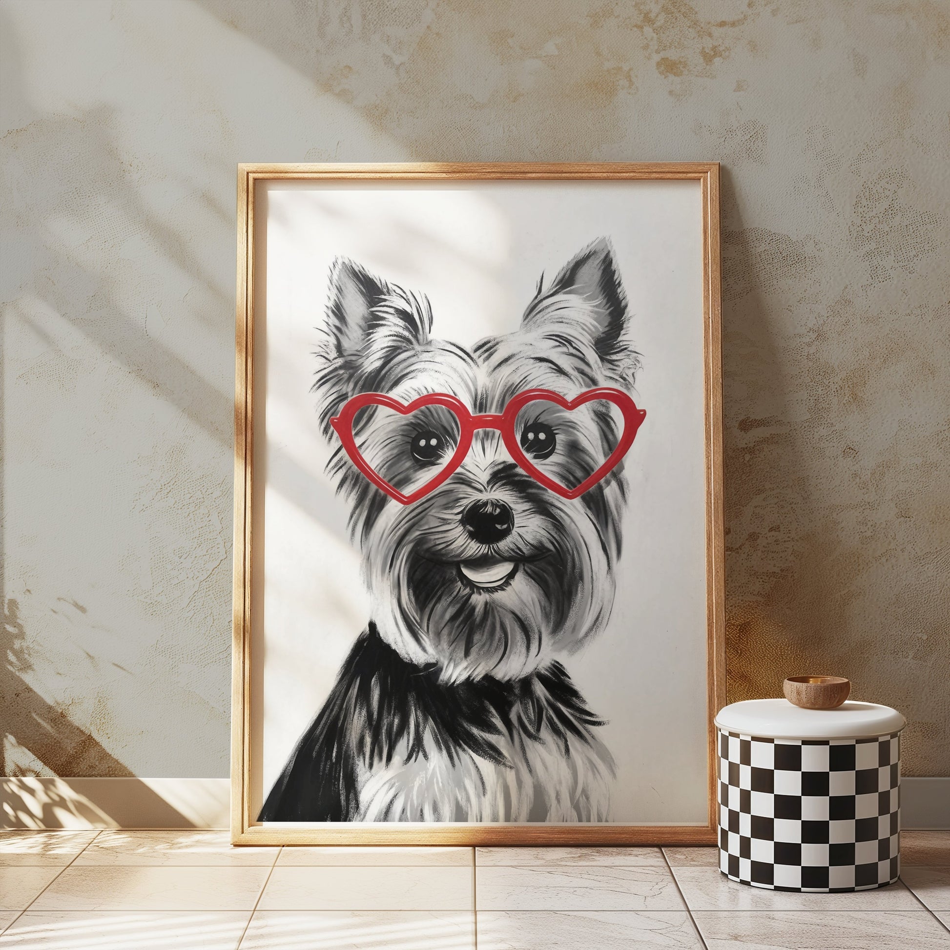 Premium Poster of Lovely Dog Wearing Red Heart Glasses Posters