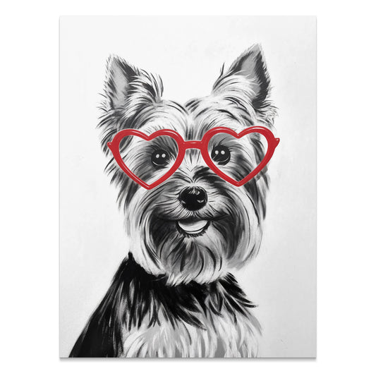 Premium Poster of Lovely Dog Wearing Red Heart Glasses Posters
