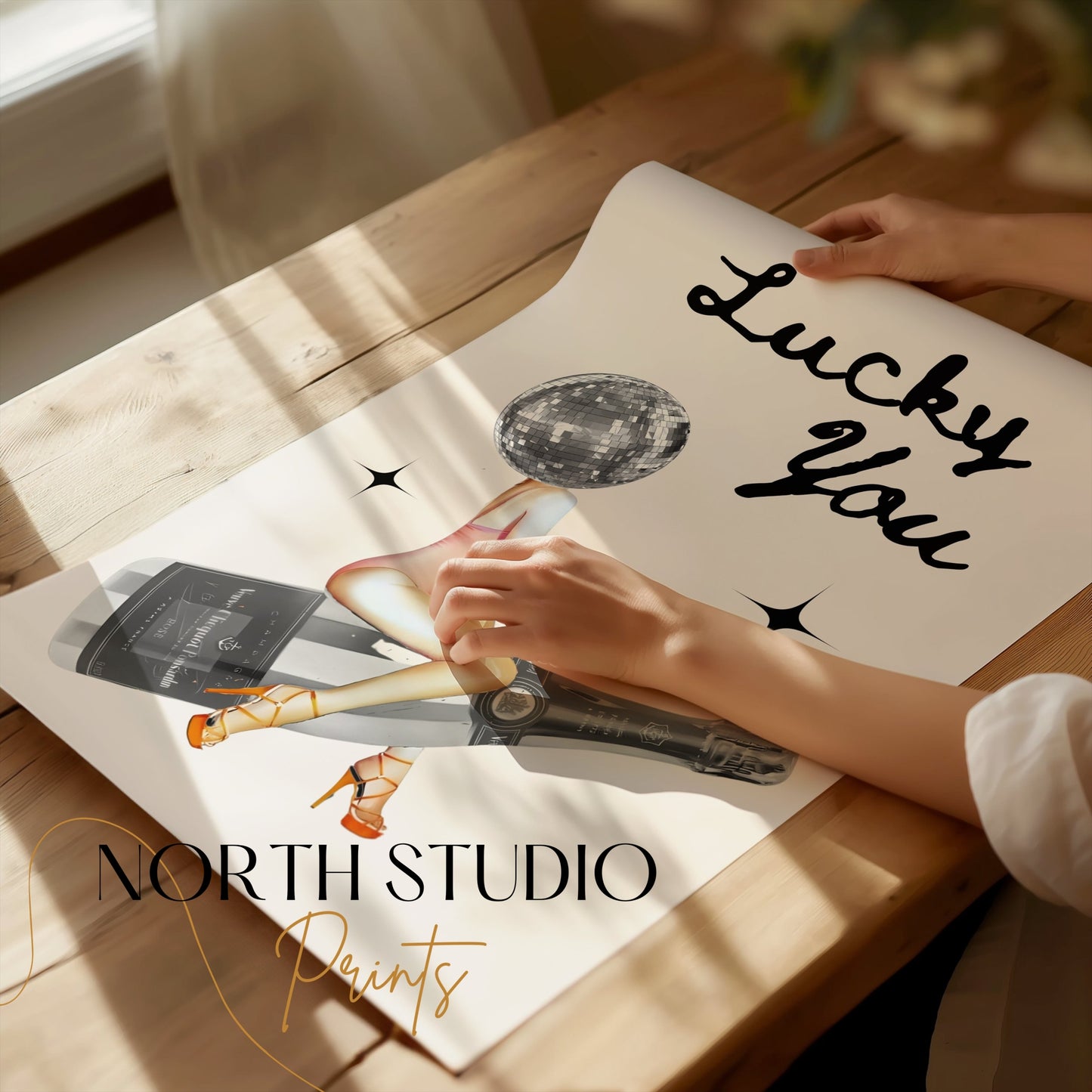 Premium Poster of Lucky You Disco Ball Head Woman with Bottle Posters