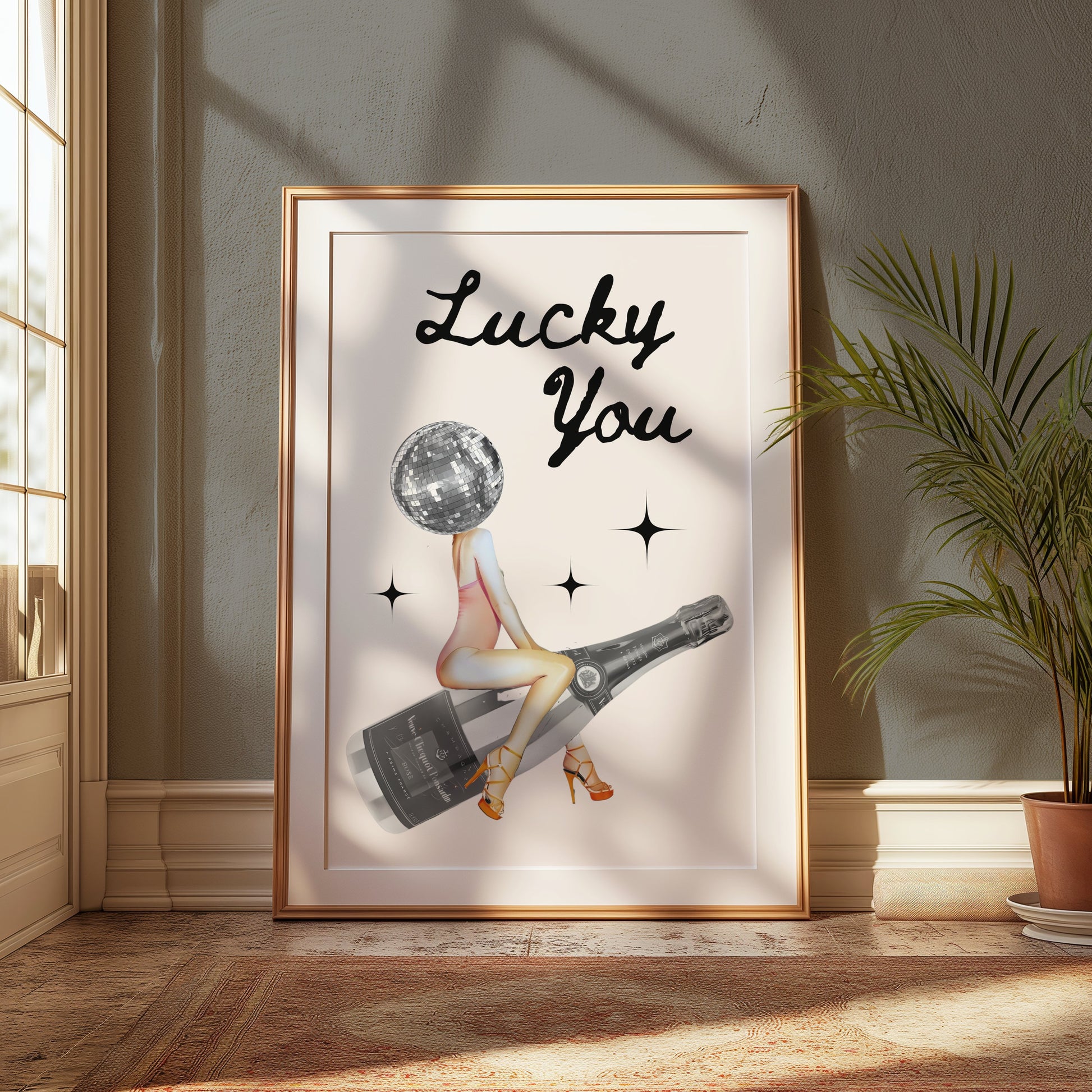 Premium Poster of Lucky You Disco Ball Head Woman with Bottle Posters