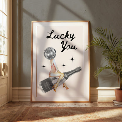 Premium Poster of Lucky You Disco Ball Head Woman with Bottle Posters