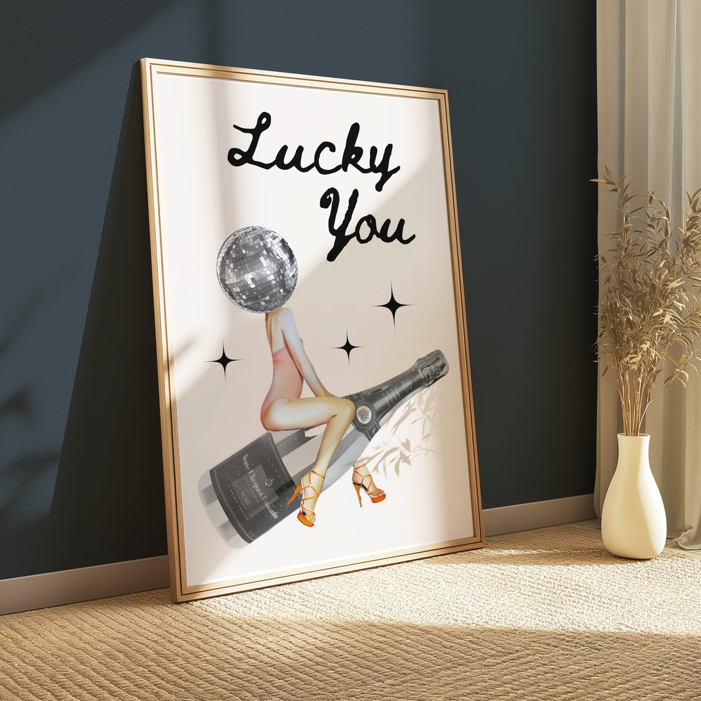 Premium Poster of Lucky You Disco Ball Head Woman with Bottle Posters