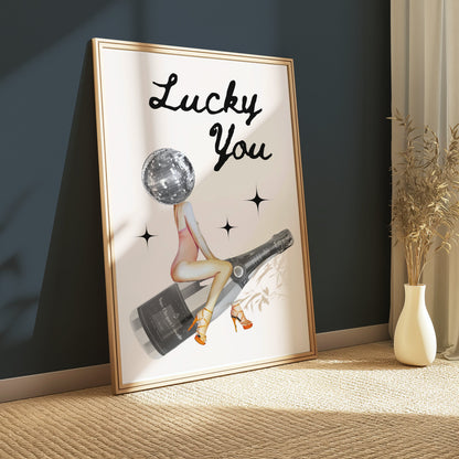 Premium Poster of Lucky You Disco Ball Head Woman with Bottle Posters