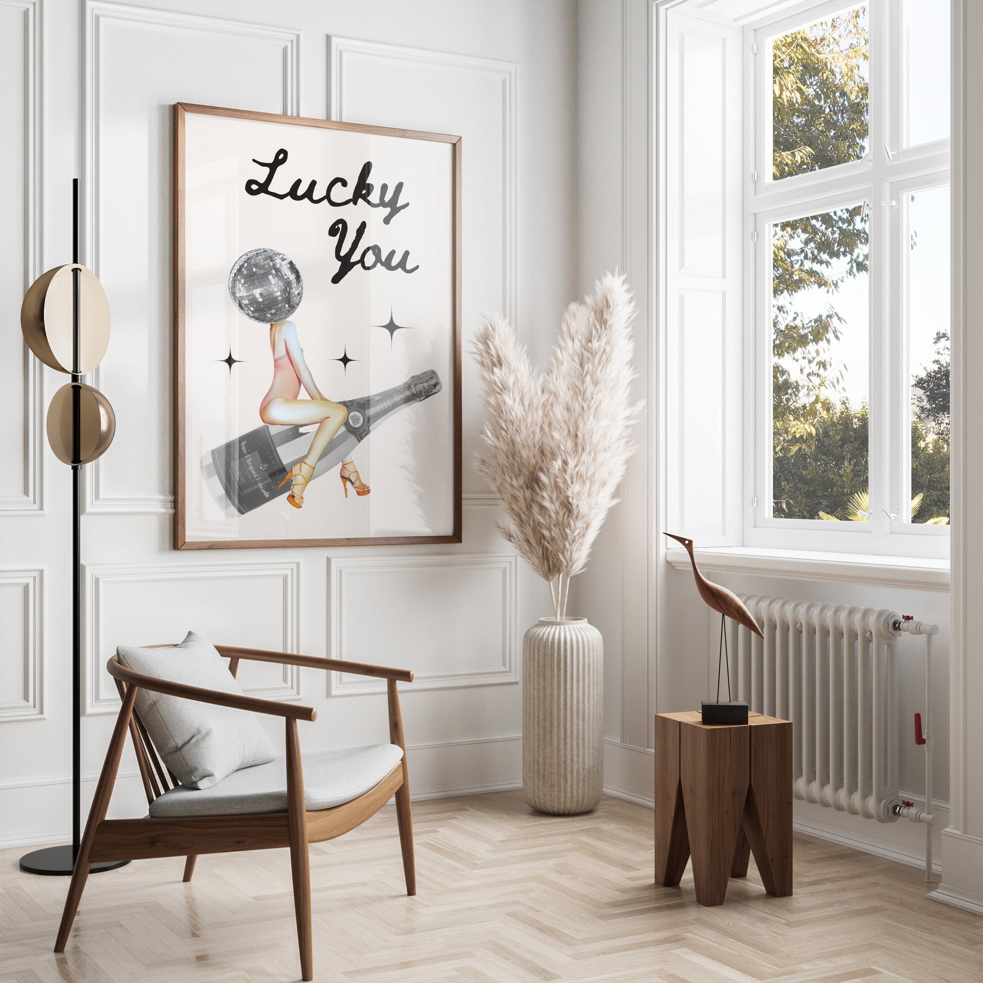 Premium Poster of Lucky You Disco Ball Head Woman with Bottle Posters