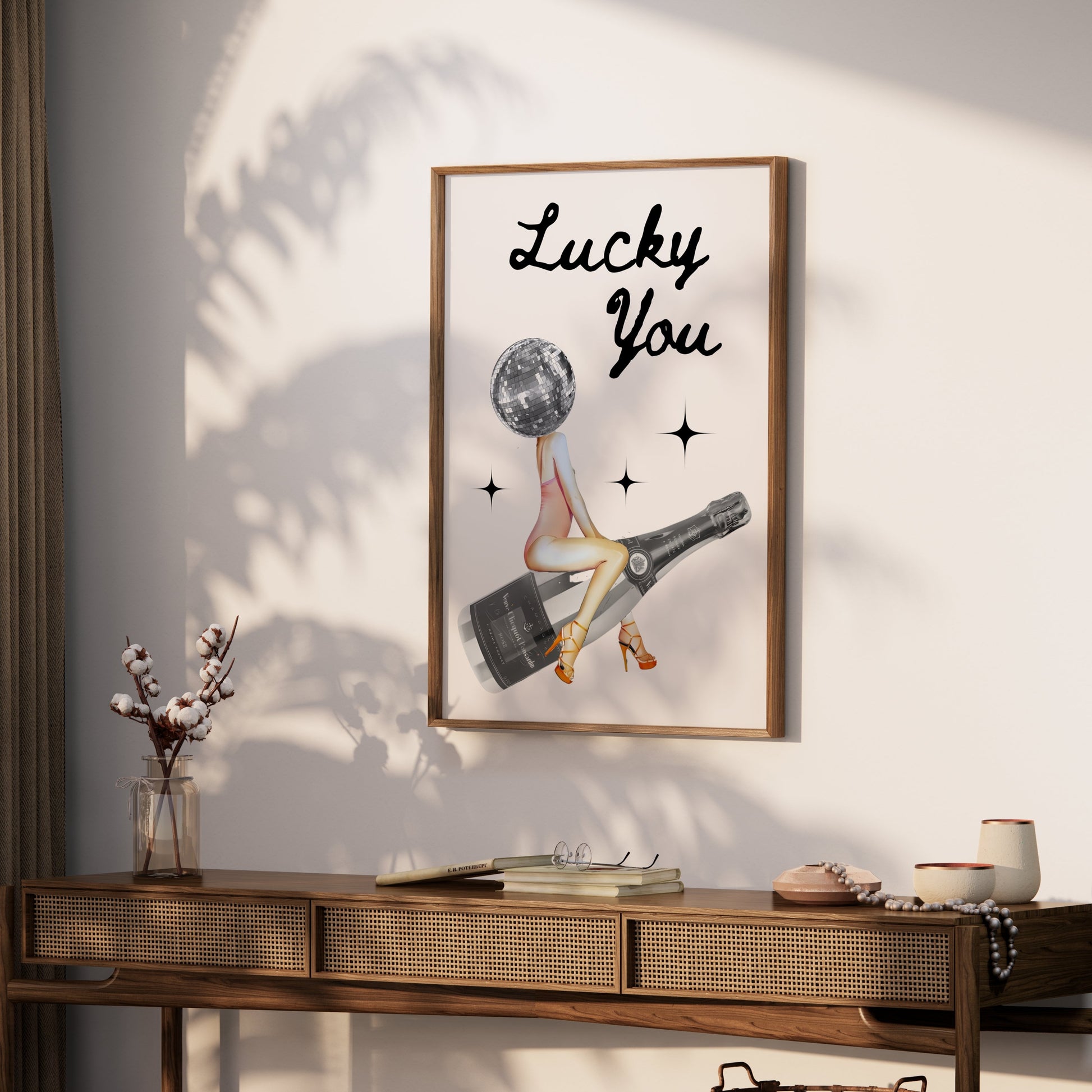 Premium Poster of Lucky You Disco Ball Head Woman with Bottle Posters