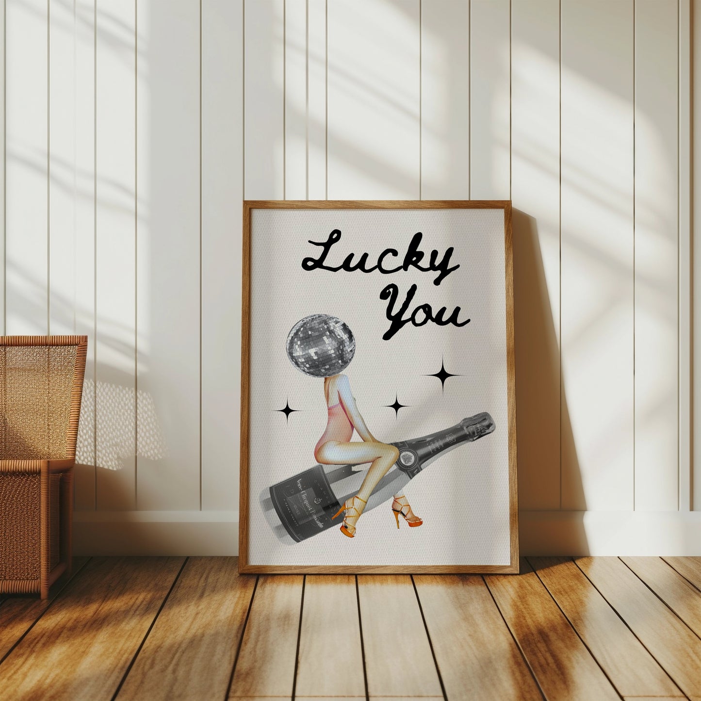 Premium Poster of Lucky You Disco Ball Head Woman with Bottle Posters