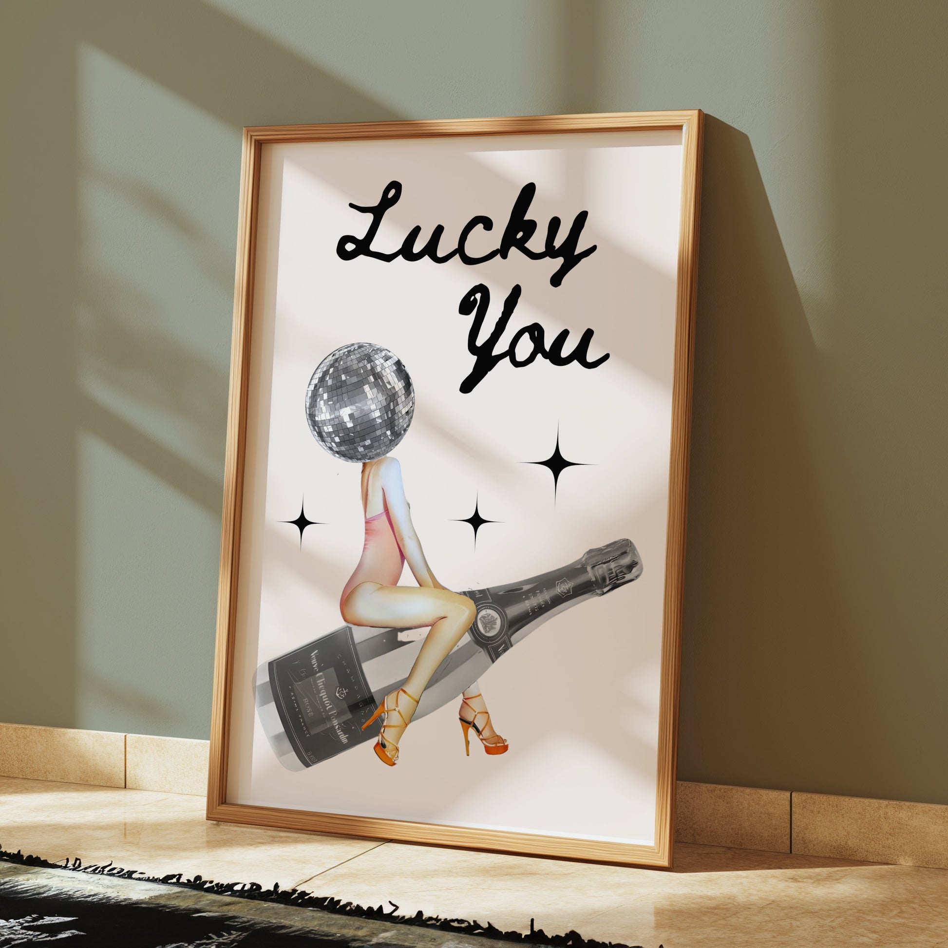 Premium Poster of Lucky You Disco Ball Head Woman with Bottle Posters