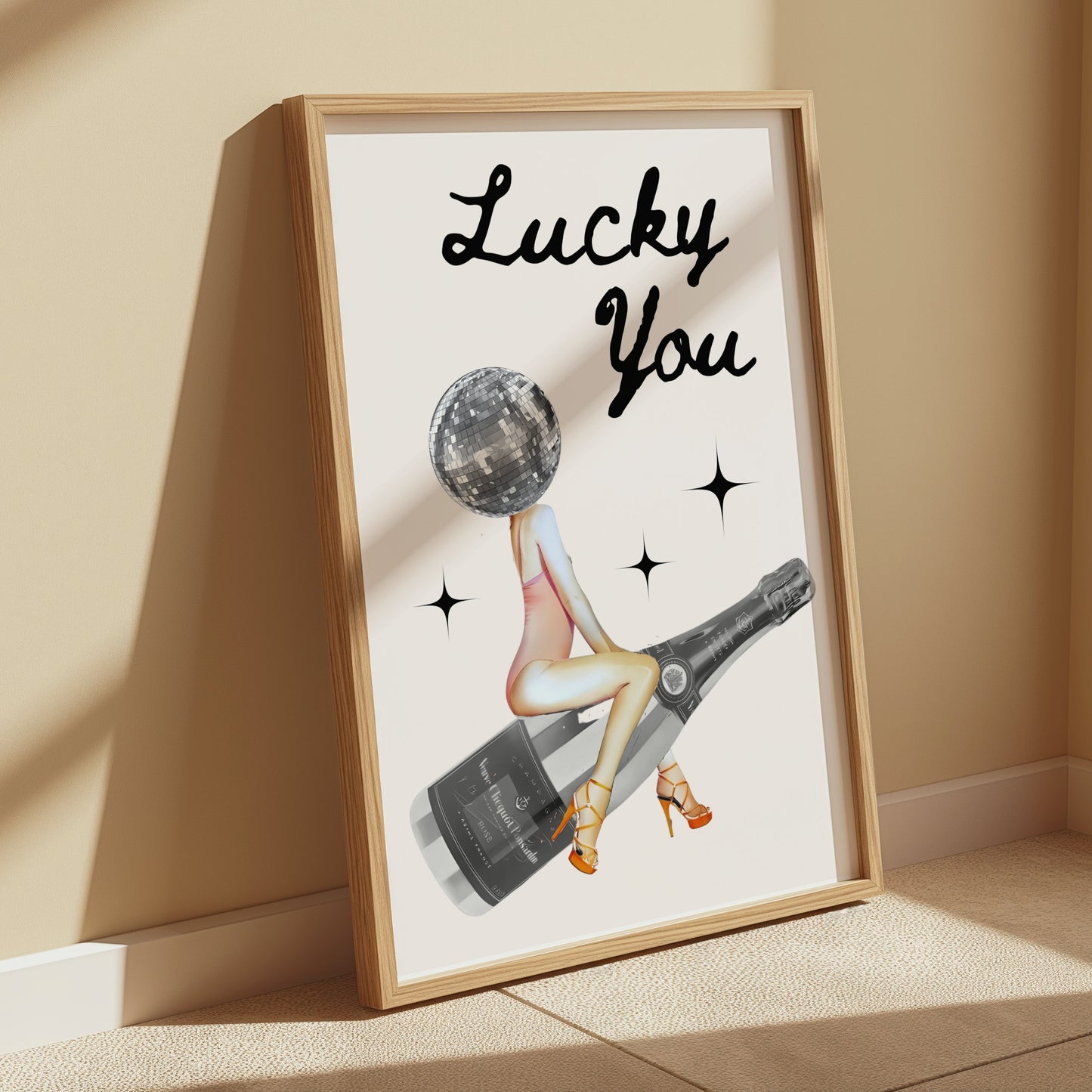 Premium Poster of Lucky You Disco Ball Head Woman with Bottle Posters