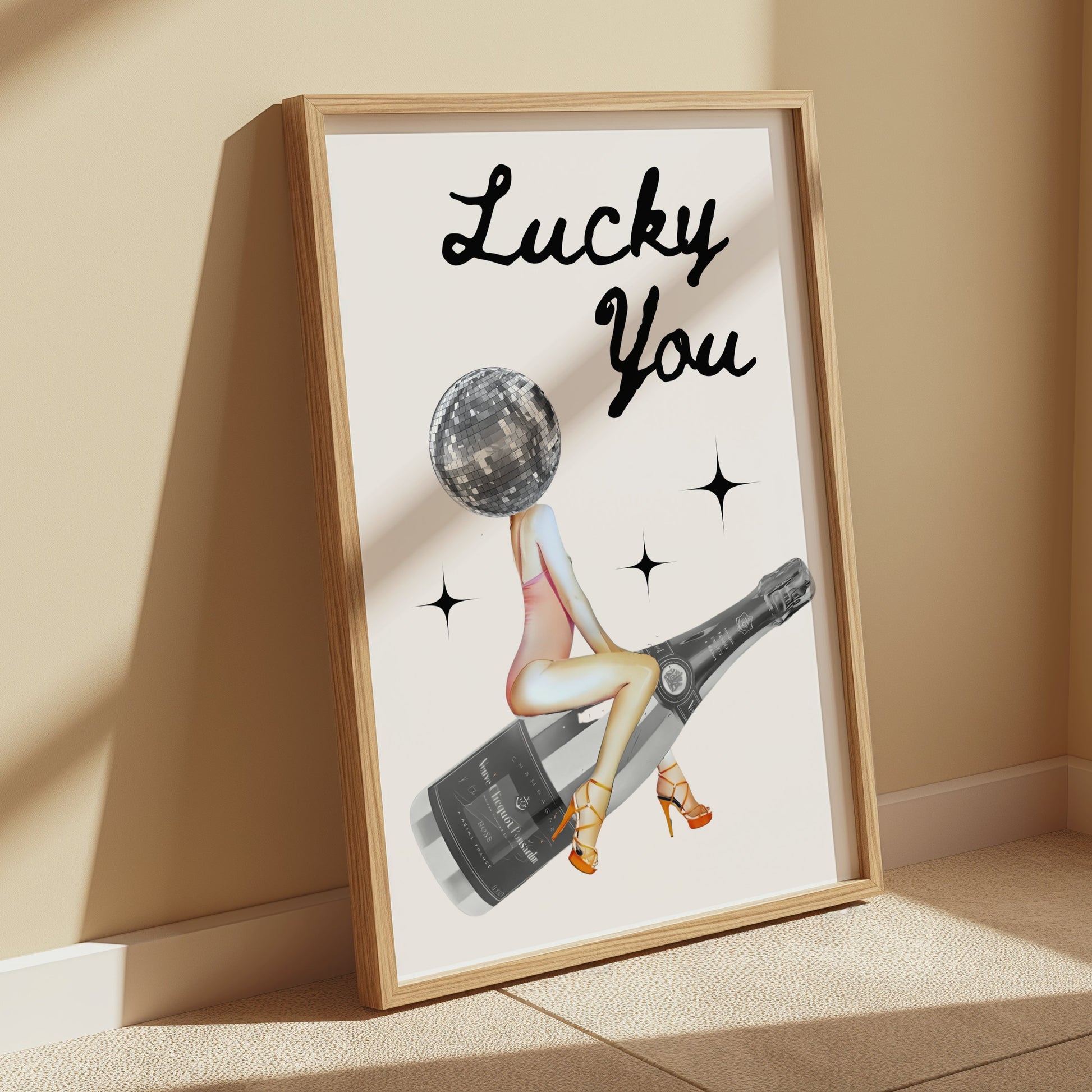 Premium Poster of Lucky You Disco Ball Head Woman with Bottle Posters