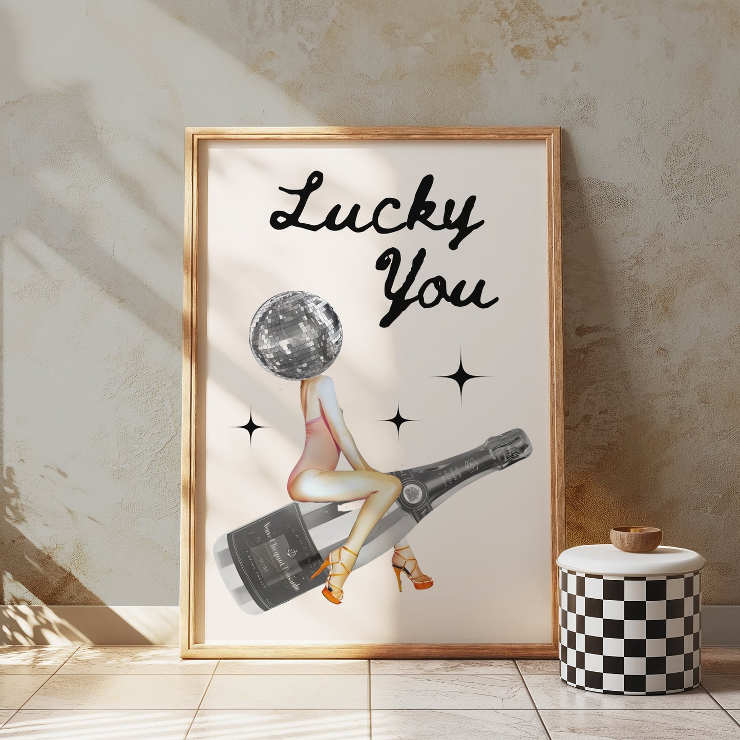 Premium Poster of Lucky You Disco Ball Head Woman with Bottle Posters