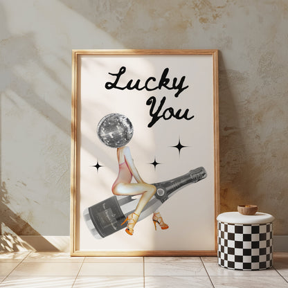 Premium Poster of Lucky You Disco Ball Head Woman with Bottle Posters
