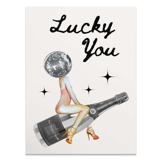 Premium Poster of Lucky You Disco Ball Head Woman with Bottle Posters