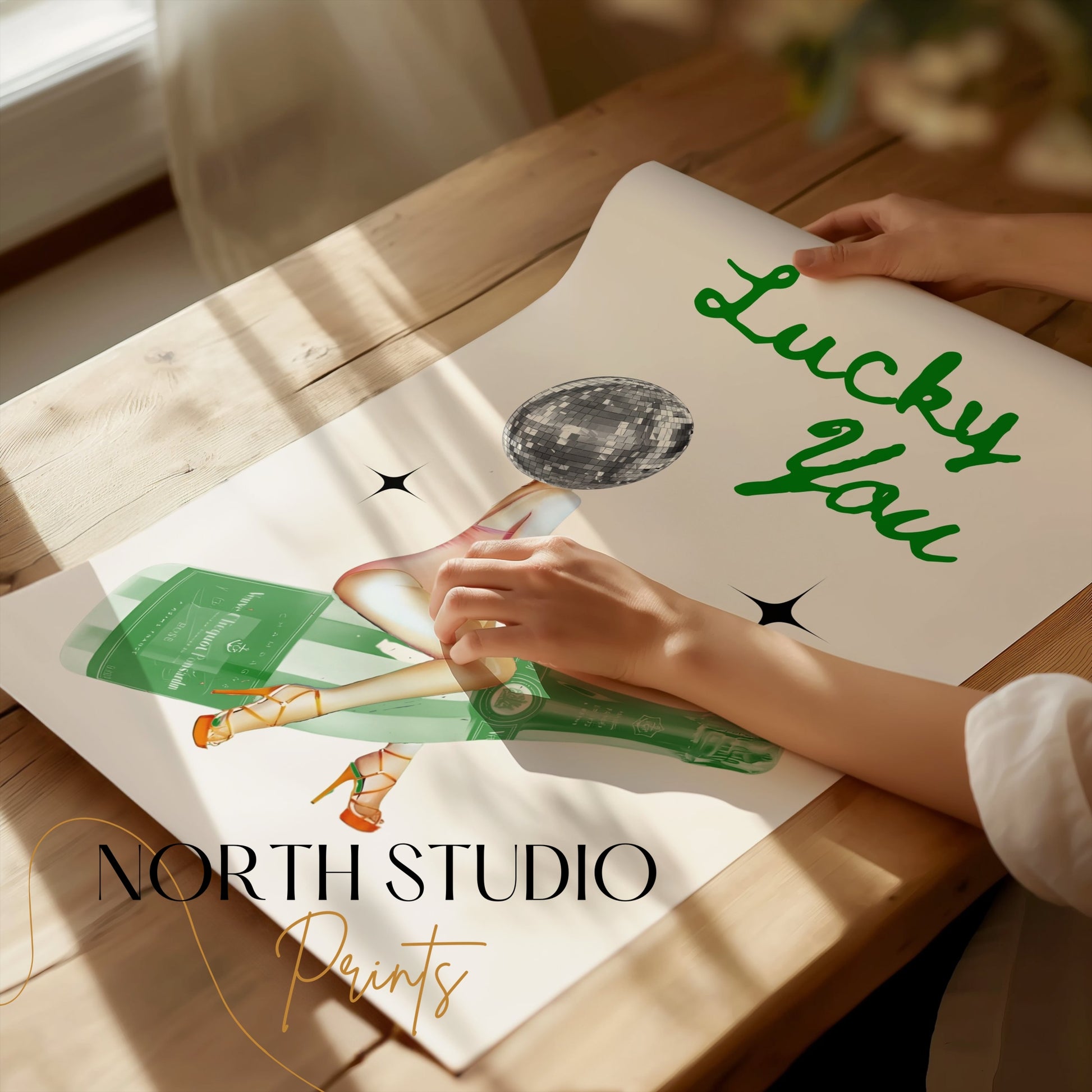 Premium Poster of Lucky You Disco Ball Head with Champagne Bottle Posters