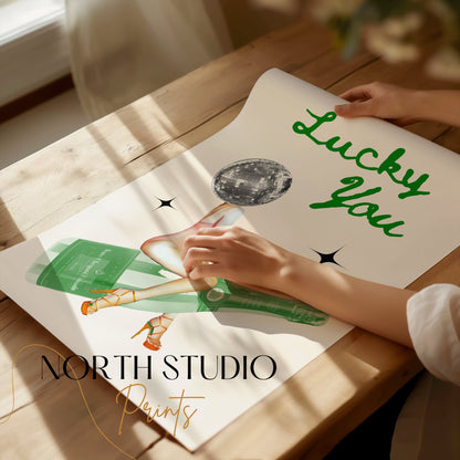 Premium Poster of Lucky You Disco Ball Head with Champagne Bottle Posters
