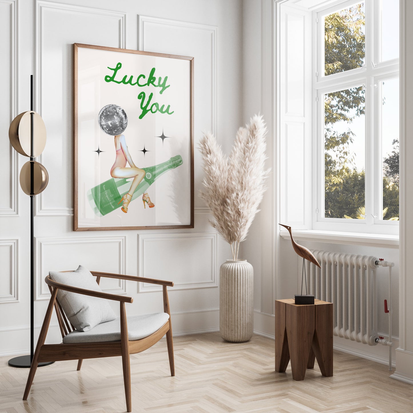 Premium Poster of Lucky You Disco Ball Head with Champagne Bottle Posters