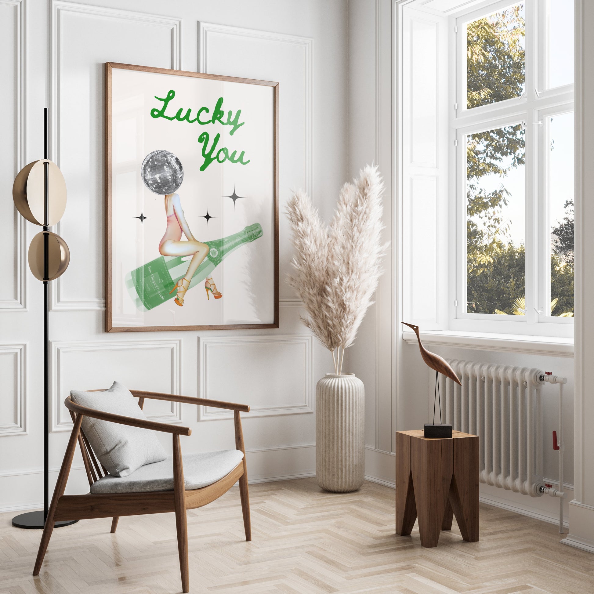 Premium Poster of Lucky You Disco Ball Head with Champagne Bottle Posters