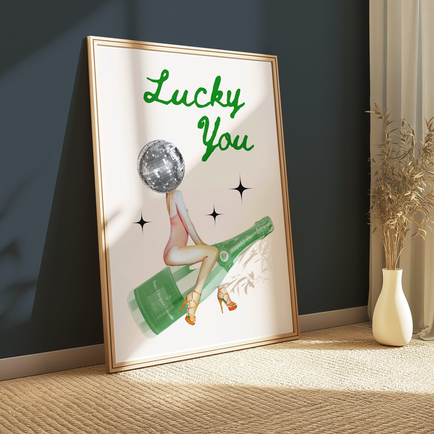 Premium Poster of Lucky You Disco Ball Head with Champagne Bottle Posters
