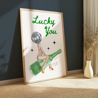 Premium Poster of Lucky You Disco Ball Head with Champagne Bottle Posters