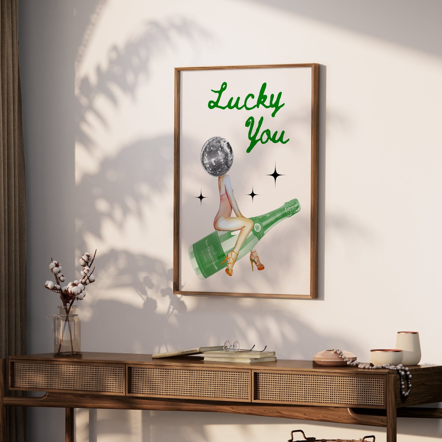 Premium Poster of Lucky You Disco Ball Head with Champagne Bottle Posters