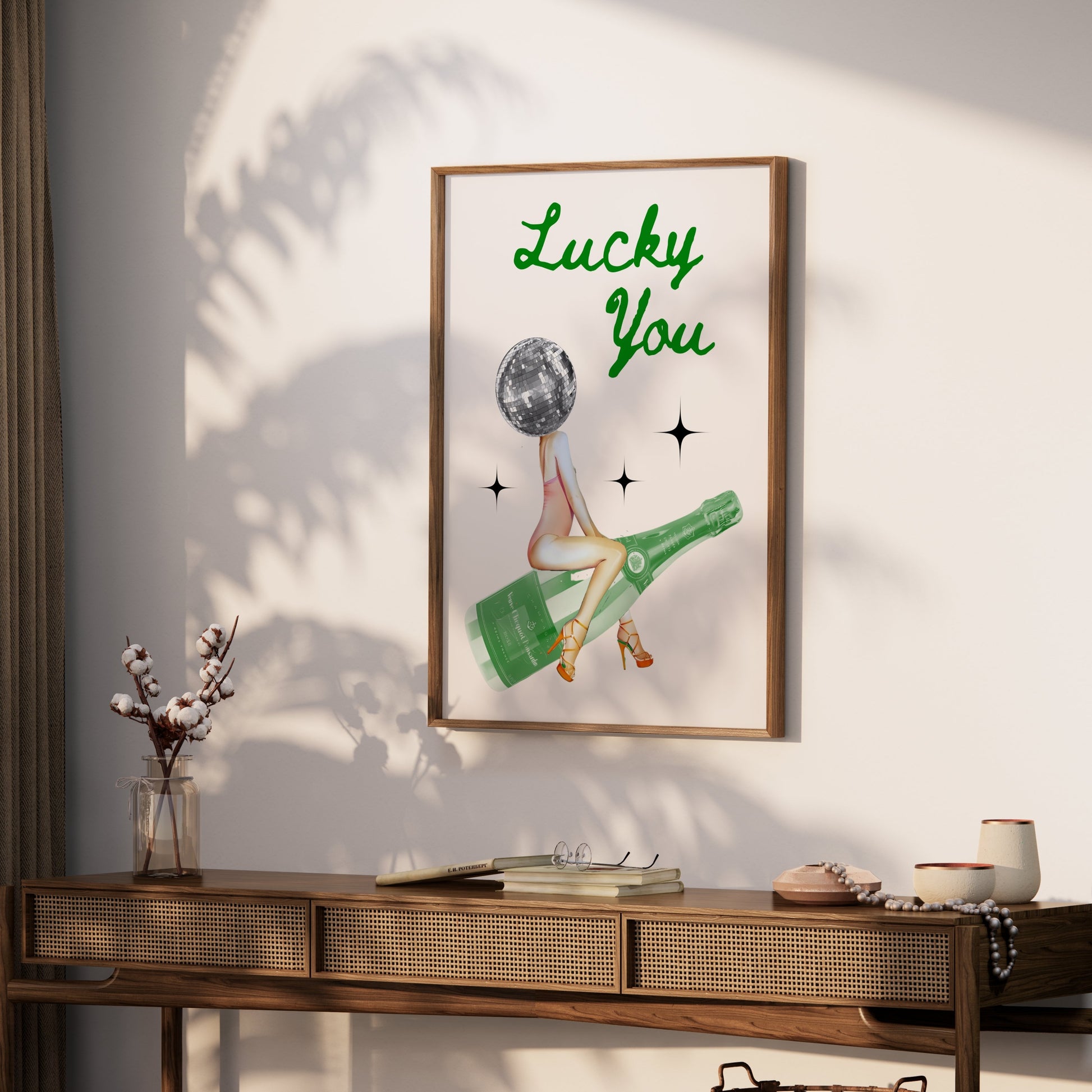 Premium Poster of Lucky You Disco Ball Head with Champagne Bottle Posters