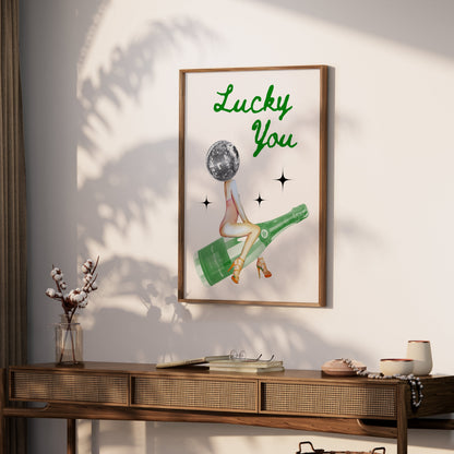Premium Poster of Lucky You Disco Ball Head with Champagne Bottle Posters