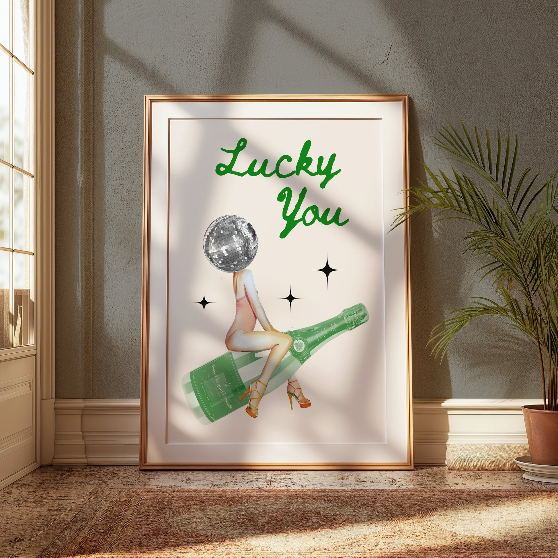 Premium Poster of Lucky You Disco Ball Head with Champagne Bottle Posters
