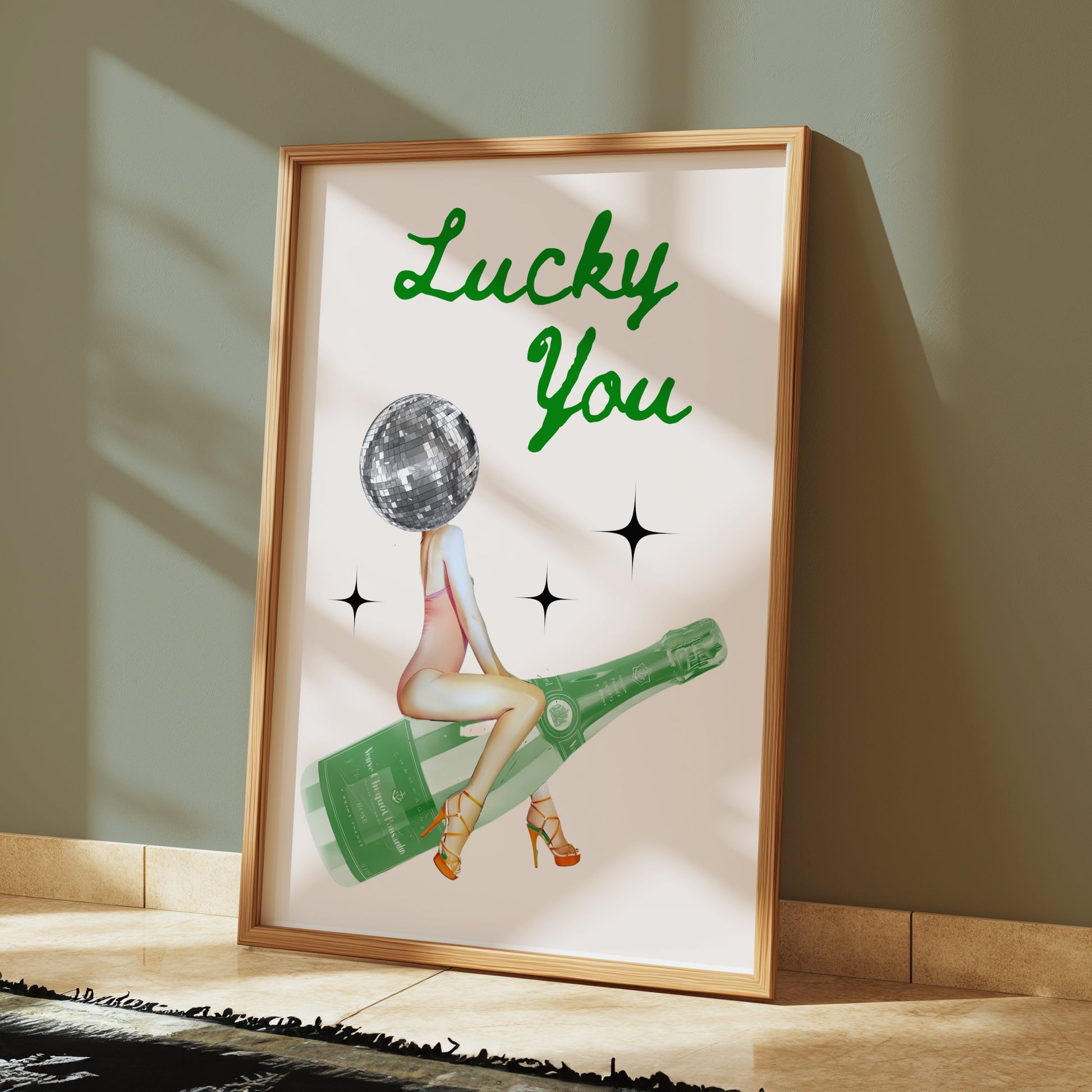 Premium Poster of Lucky You Disco Ball Head with Champagne Bottle Posters