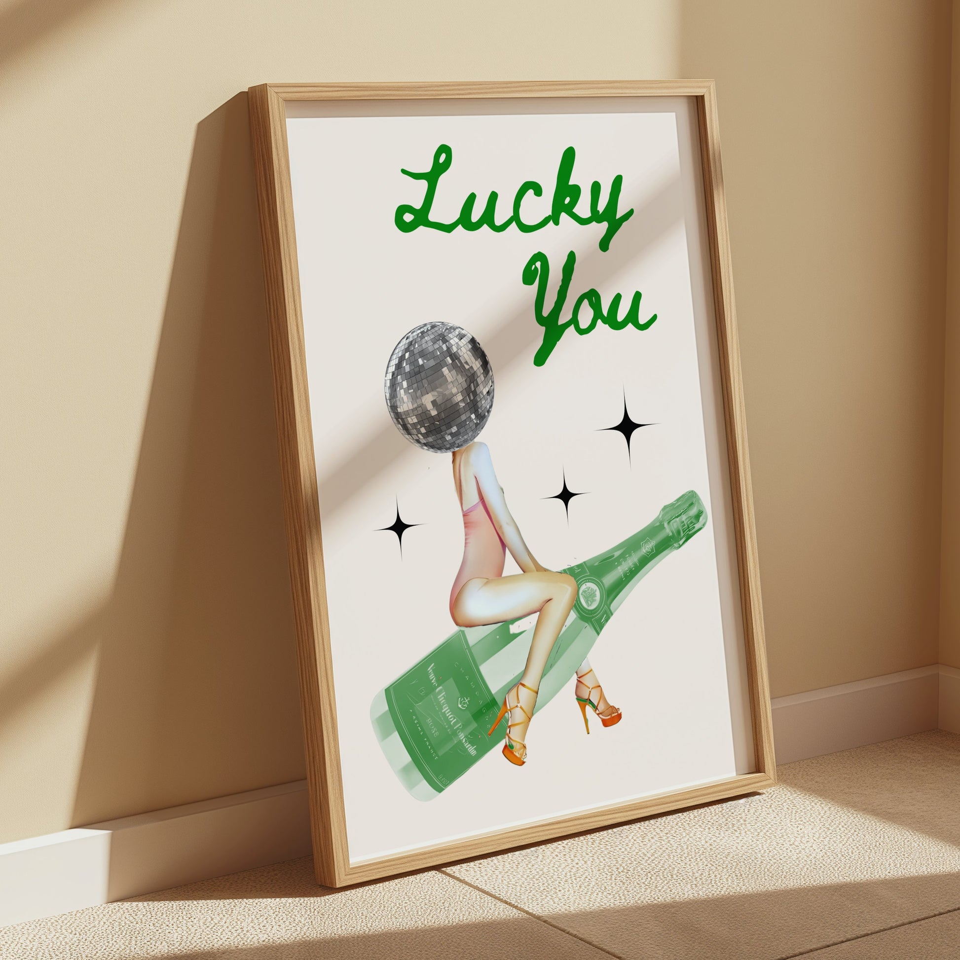 Premium Poster of Lucky You Disco Ball Head with Champagne Bottle Posters