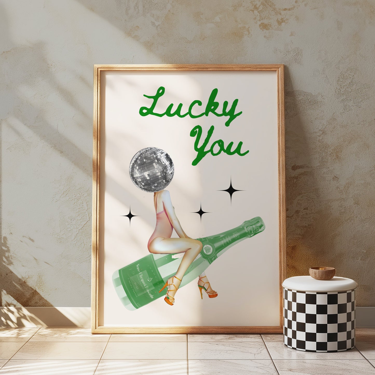 Premium Poster of Lucky You Disco Ball Head with Champagne Bottle Posters