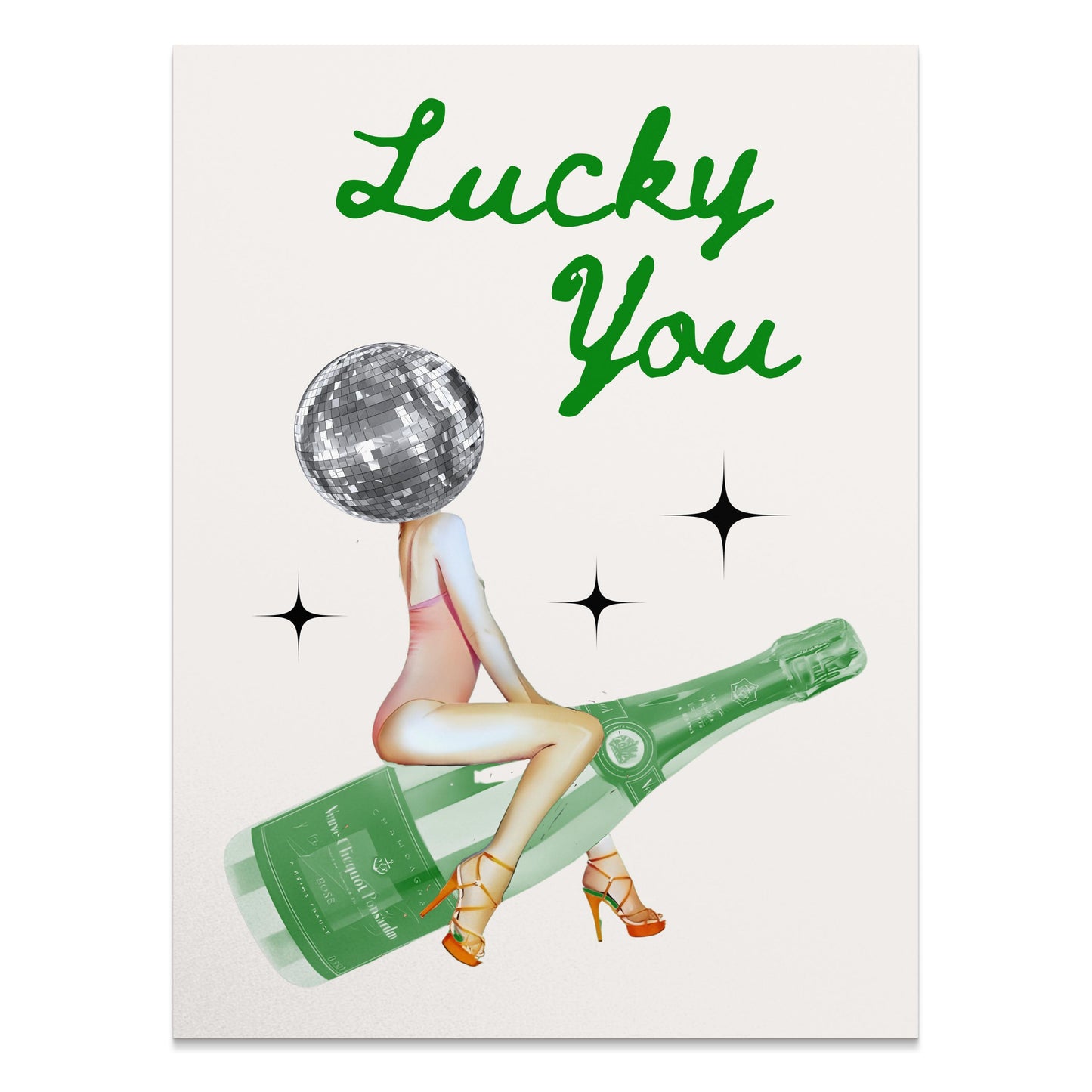 Premium Poster of Lucky You Disco Ball Head with Champagne Bottle Posters