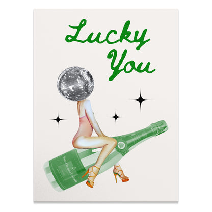 Premium Poster of Lucky You Disco Ball Head with Champagne Bottle Posters