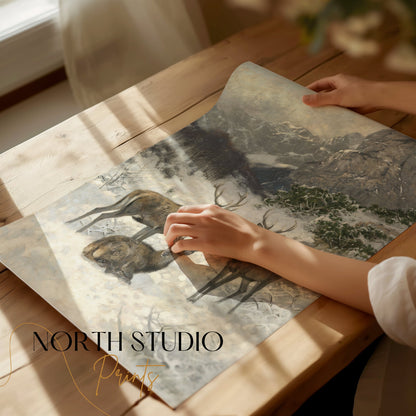 Premium Poster of Majestic Deer in a Snowy Mountain Landscape Posters