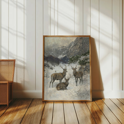 Premium Poster of Majestic Deer in a Snowy Mountain Landscape Posters