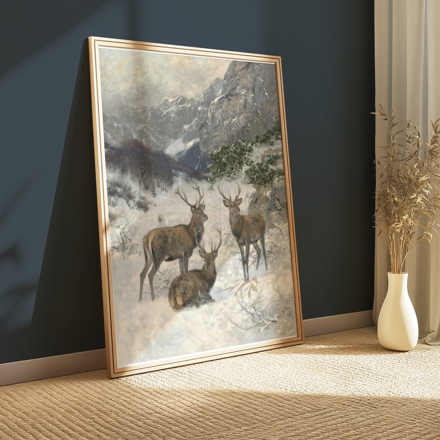 Premium Poster of Majestic Deer in a Snowy Mountain Landscape Posters