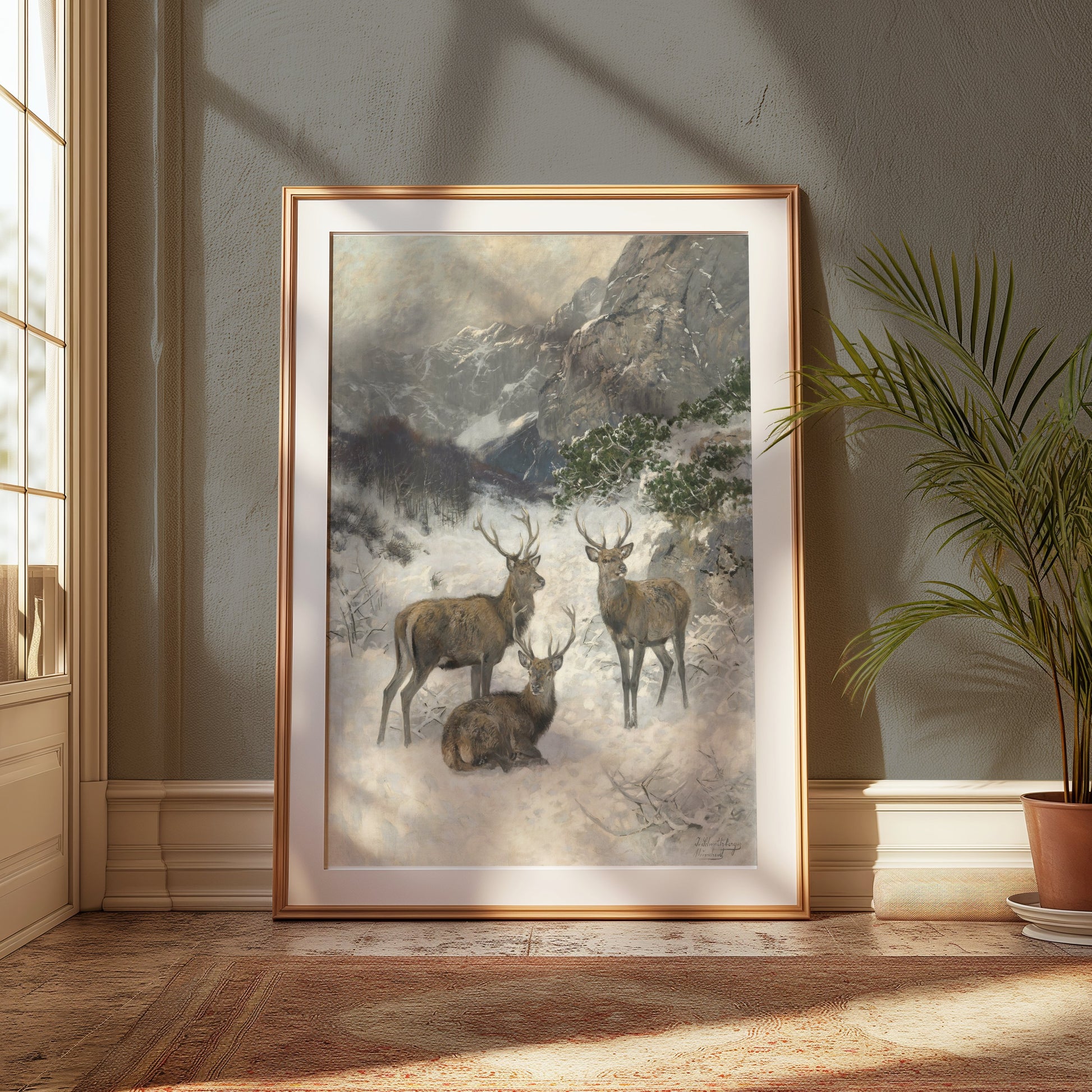 Premium Poster of Majestic Deer in a Snowy Mountain Landscape Posters