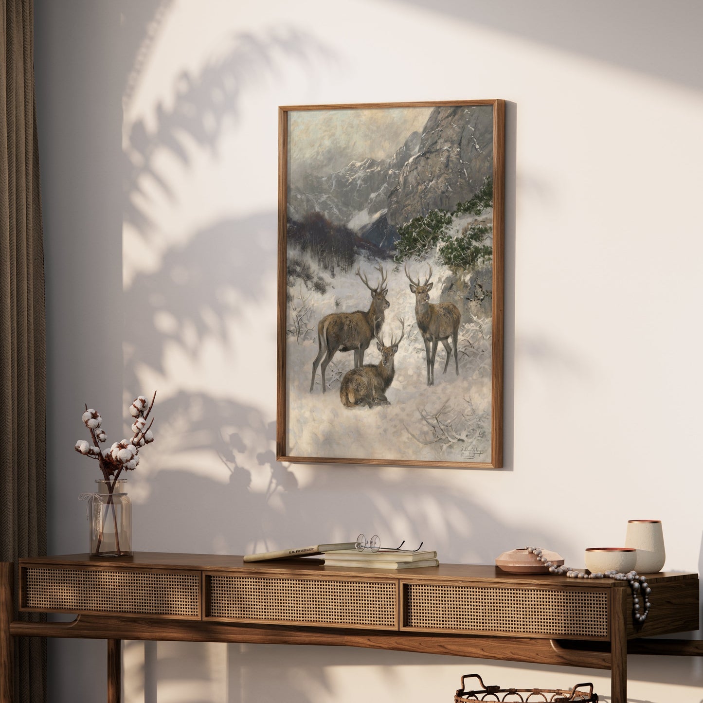 Premium Poster of Majestic Deer in a Snowy Mountain Landscape Posters