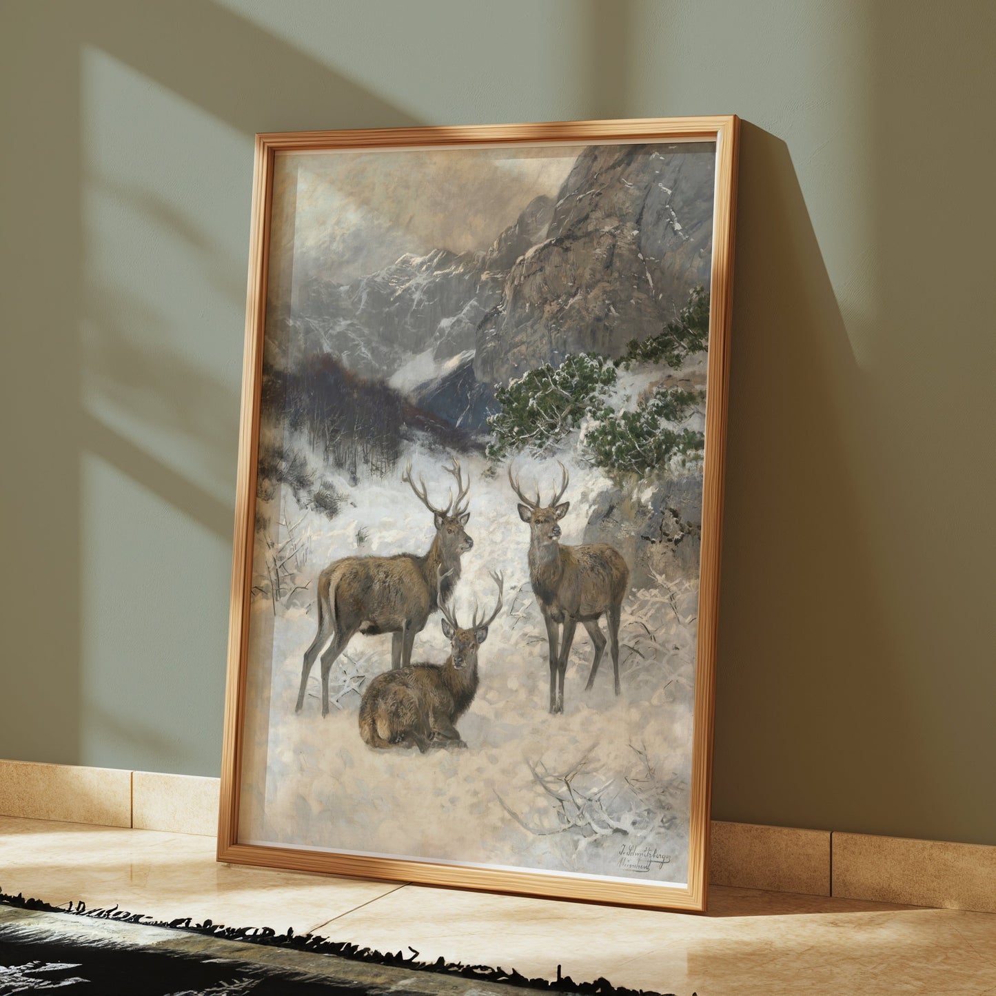 Premium Poster of Majestic Deer in a Snowy Mountain Landscape Posters