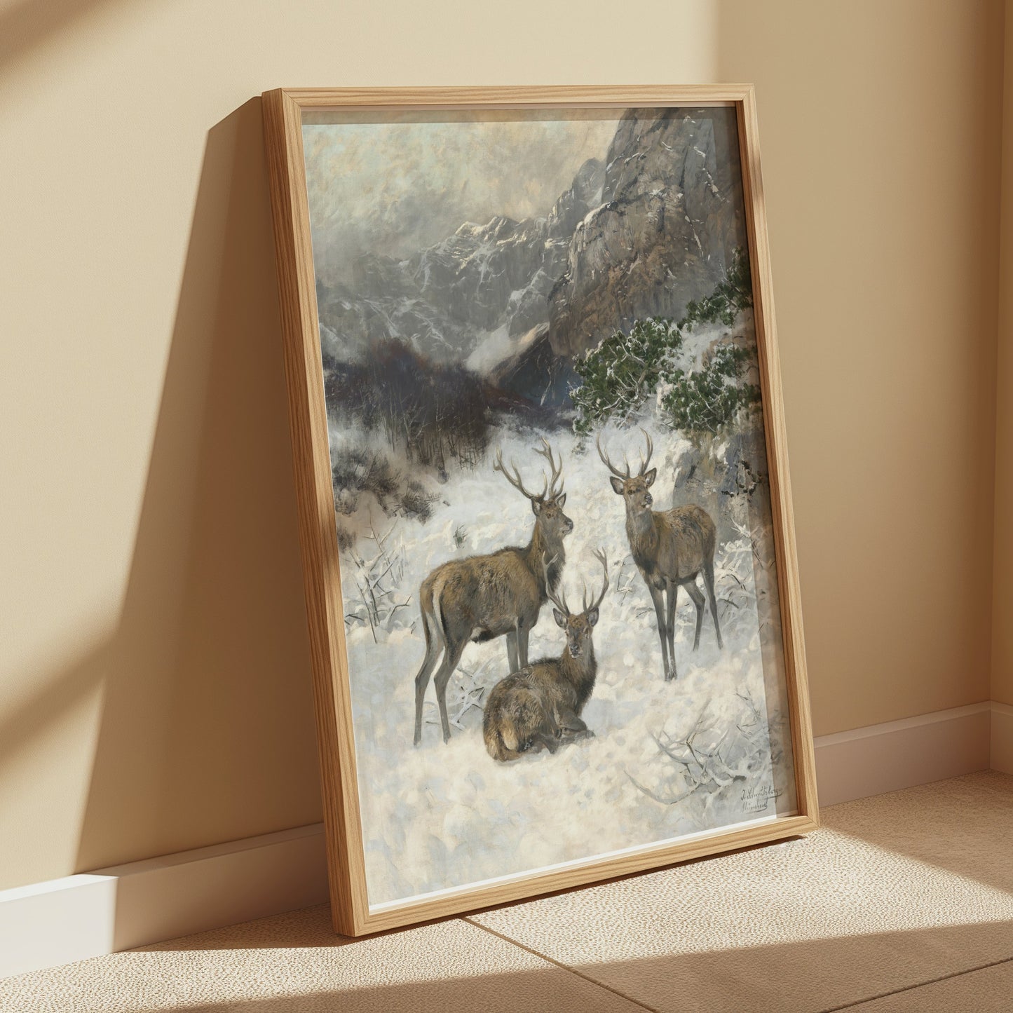 Premium Poster of Majestic Deer in a Snowy Mountain Landscape Posters