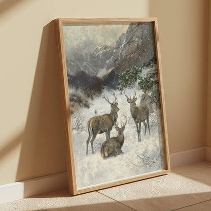 Premium Poster of Majestic Deer in a Snowy Mountain Landscape Posters