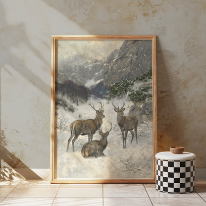 Premium Poster of Majestic Deer in a Snowy Mountain Landscape Posters