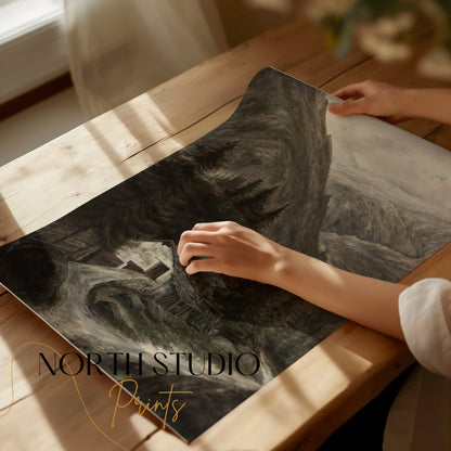 Premium Poster of Majestic Mountainous Landscape with Cabin Posters