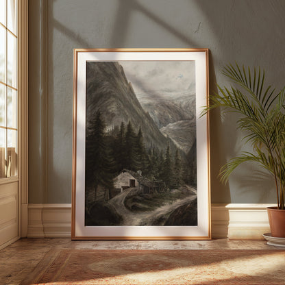 Premium Poster of Majestic Mountainous Landscape with Cabin Posters