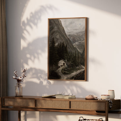 Premium Poster of Majestic Mountainous Landscape with Cabin Posters