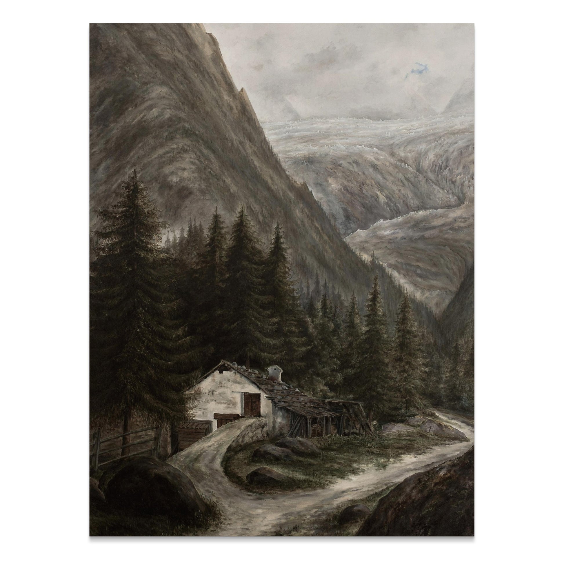 Premium Poster of Majestic Mountainous Landscape with Cabin Posters