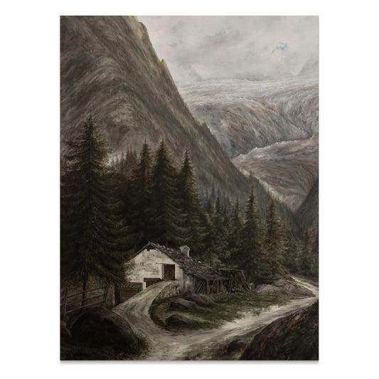 Premium Poster of Majestic Mountainous Landscape with Cabin Posters