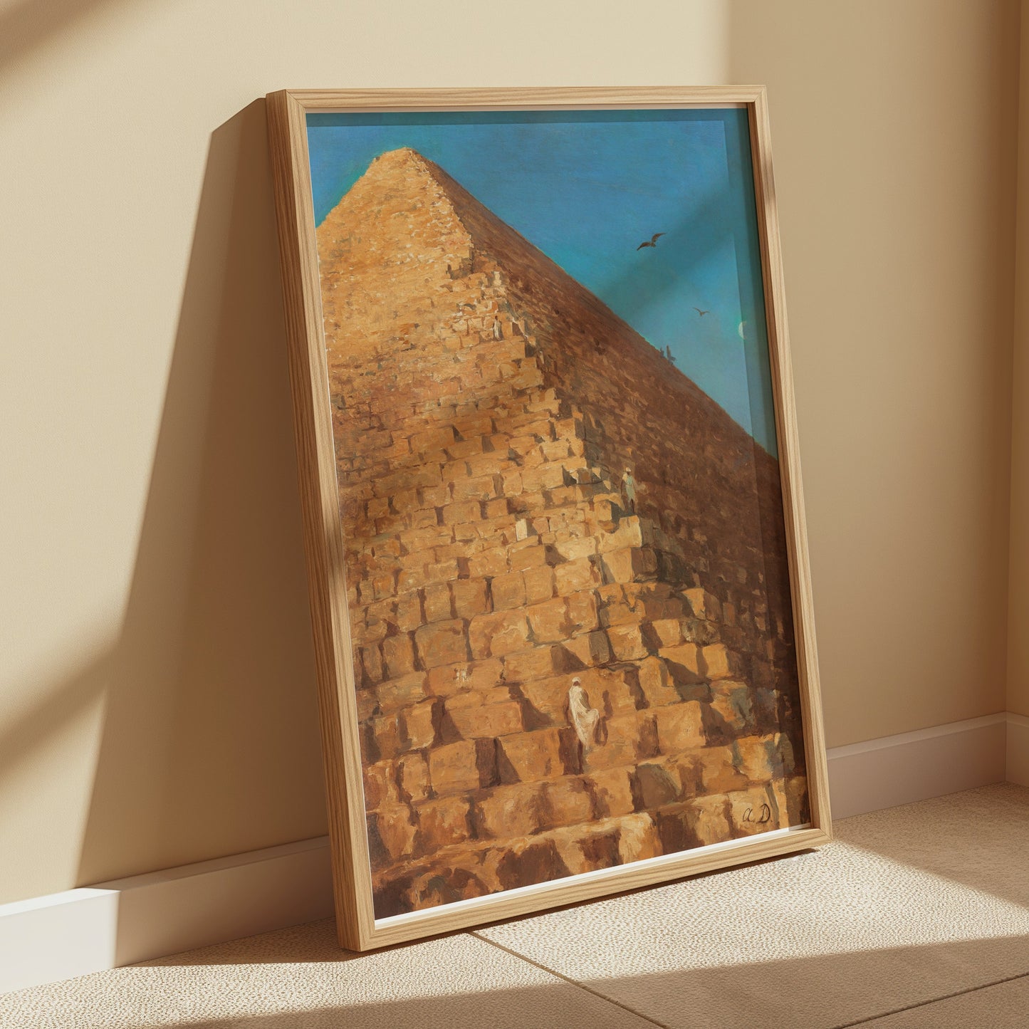 Premium Poster of Majestic Pyramid in Desert with Birds Flying Posters