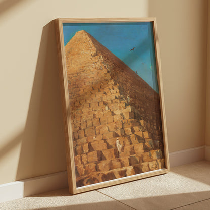 Premium Poster of Majestic Pyramid in Desert with Birds Flying Posters