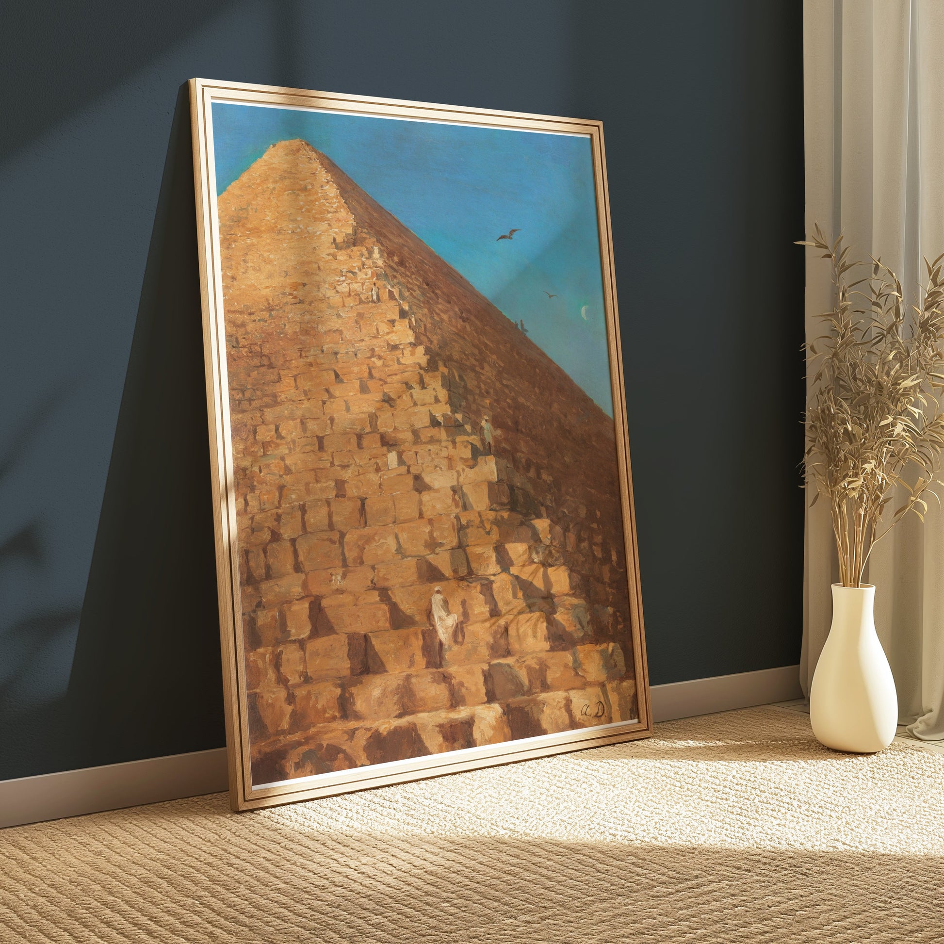 Premium Poster of Majestic Pyramid in Desert with Birds Flying Posters